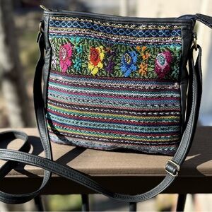 Vtg R. J. Sebastian Black Leather Crossbody with Handwoven Fabric From Guatemala